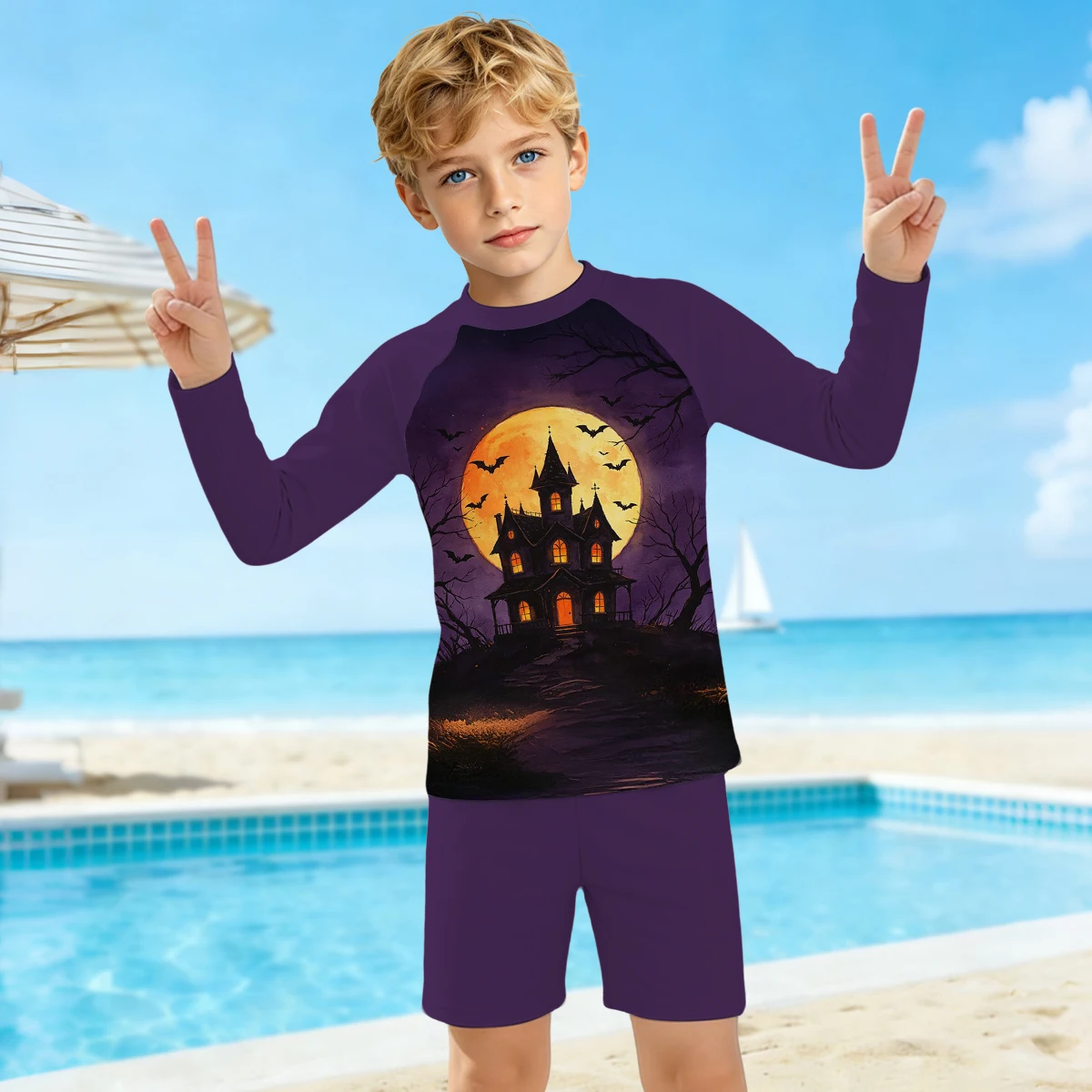 Boys' Summer Style Haunted House Fashion Two-piece Long Sleeved Swimsuit