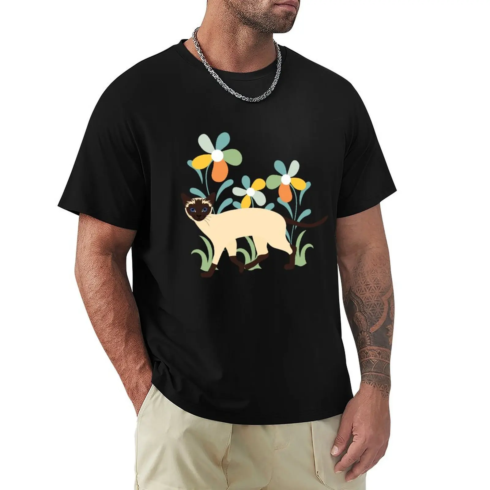 Siamese Cat and Flowers T-Shirt anime tshirt vintage graphic tee vintage anime shirt tops vintage t shirt men