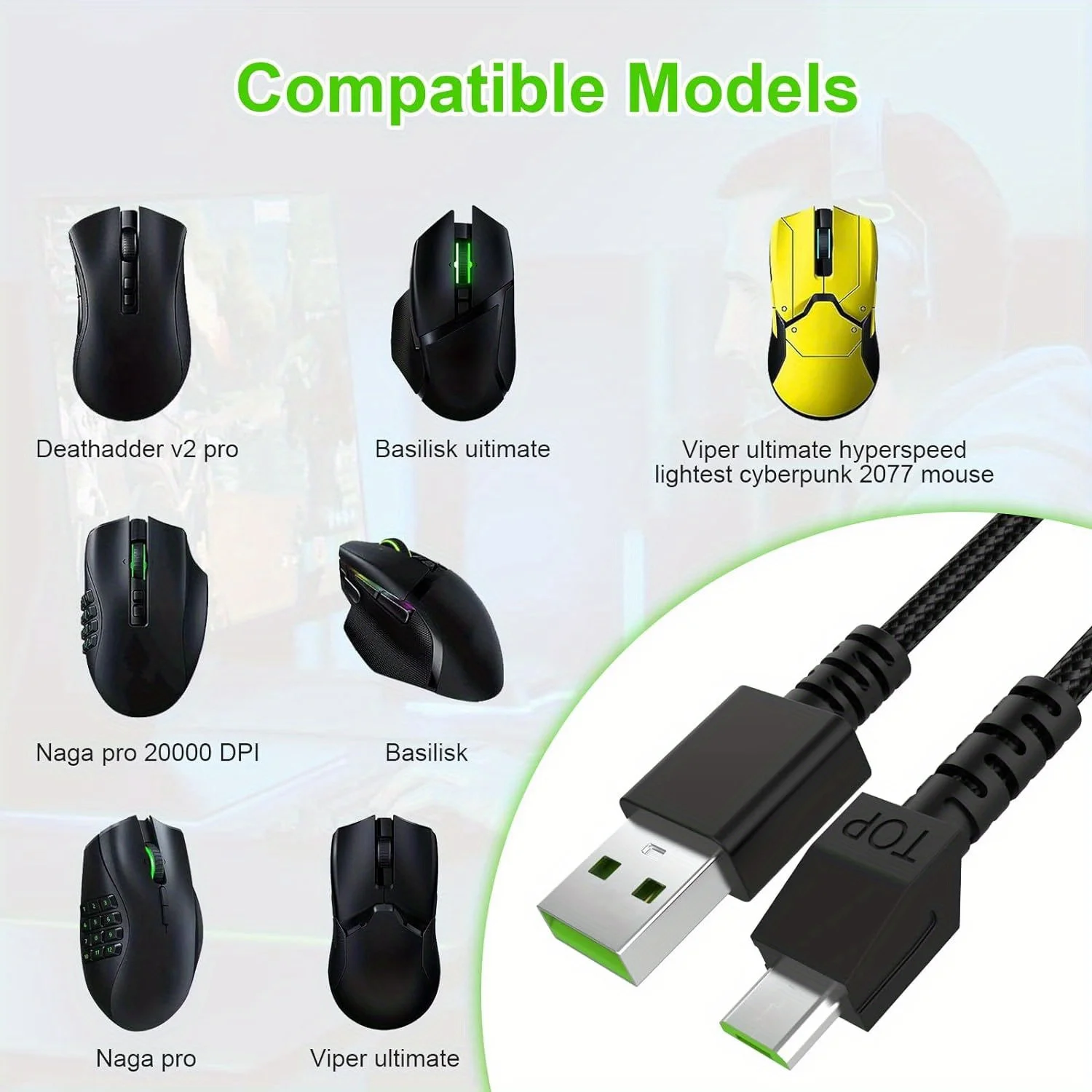 OKCSC Razer Compatible Micro USB Braided Mouse Charging Cable Nylon Flat Cord Male to Female Connector Gaming Mouse Charger Cord