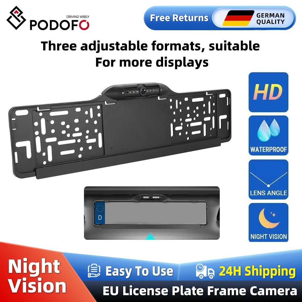 Podofo نظام كاميرا ReverView بإطار لوحة الترخيص الأوروبي مع أضواء بيضاء LED لشاشة ركن السيارة