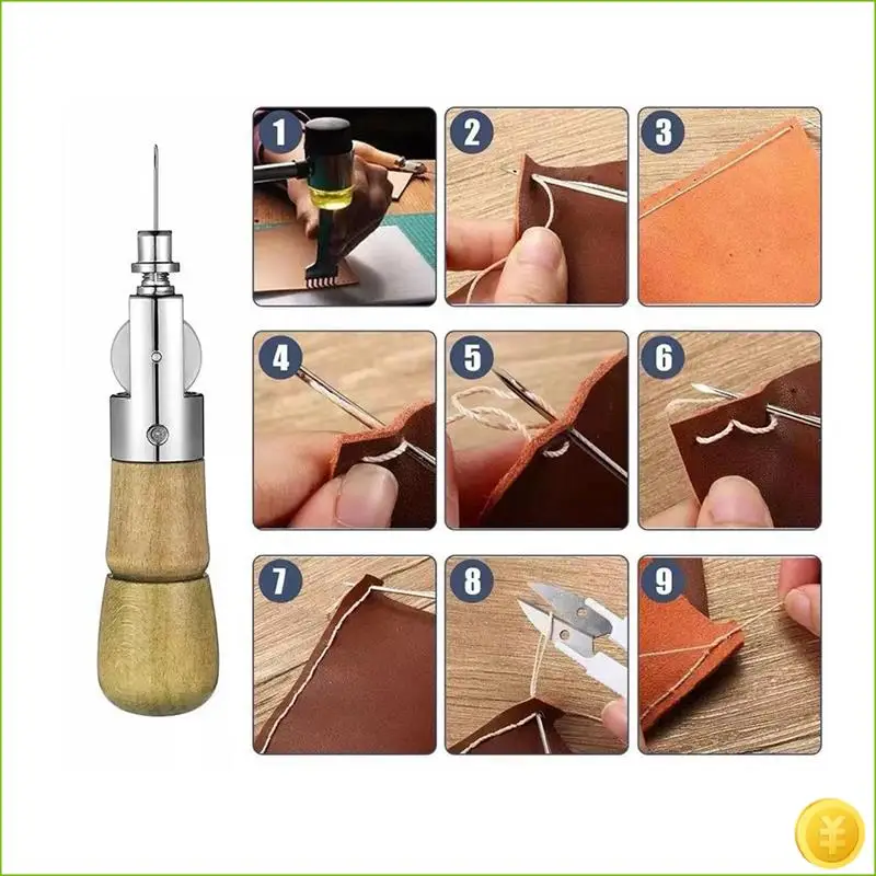 Sewing Awl Kit Automatic Quilting Sewing Tool With 2 Spare Needles And Wooden Handle For Woodworking