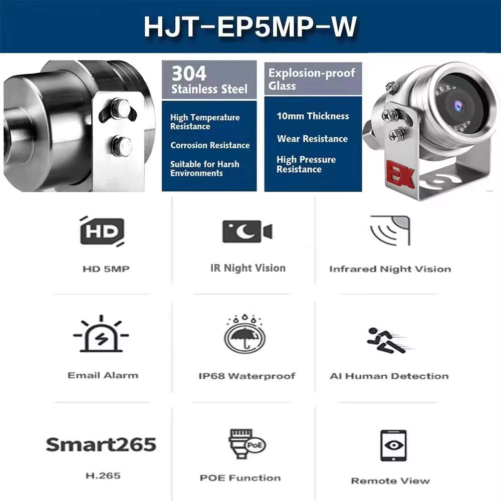 HJT Explosion Proof POE 5MP Wear&Corrosion Resistance Metal IP68 304Stainless Steel AI Human Detection Security Protection Camhi