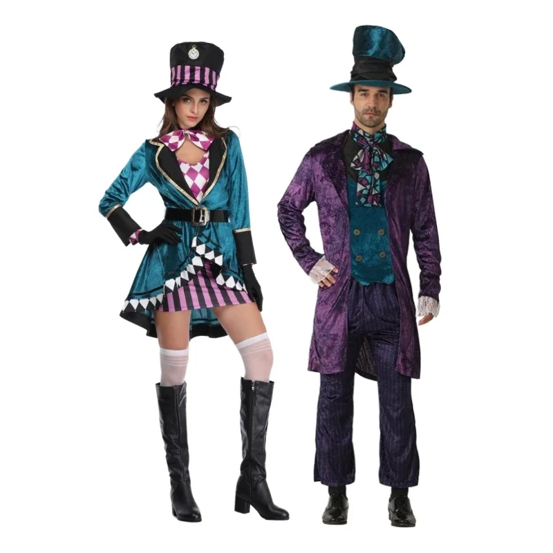 2025 New Carnival Couple Alice In Wonderland Cosplay Costume Mad Hatter Outfit Adult Fairy Tale Dress Women Magic Show Tux ly99