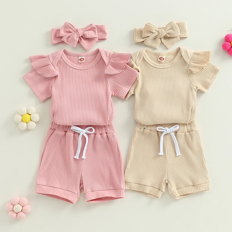 

Sweety Summer Baby Girls Shorts Clothes Set Short Sleeve Knitted Romper with Elastic Waist Shorts Hairband Baby Outfit Set