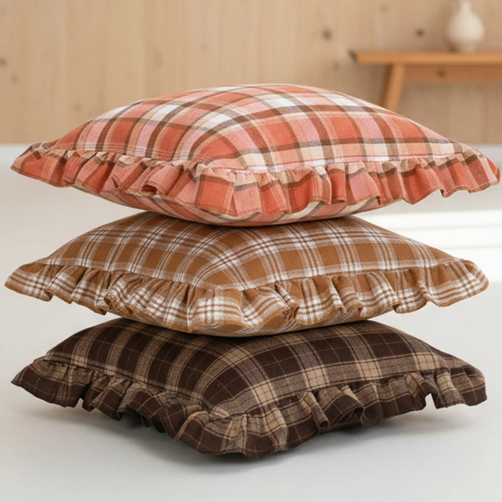 BUYNOW 1 STÜCK Zweifarbiger karierter Spitzenkissenbezug Britischer Vintage-Stil Countryside Cottage Sofa Kissenbezug Home Schlafzimmer Bett Dekor