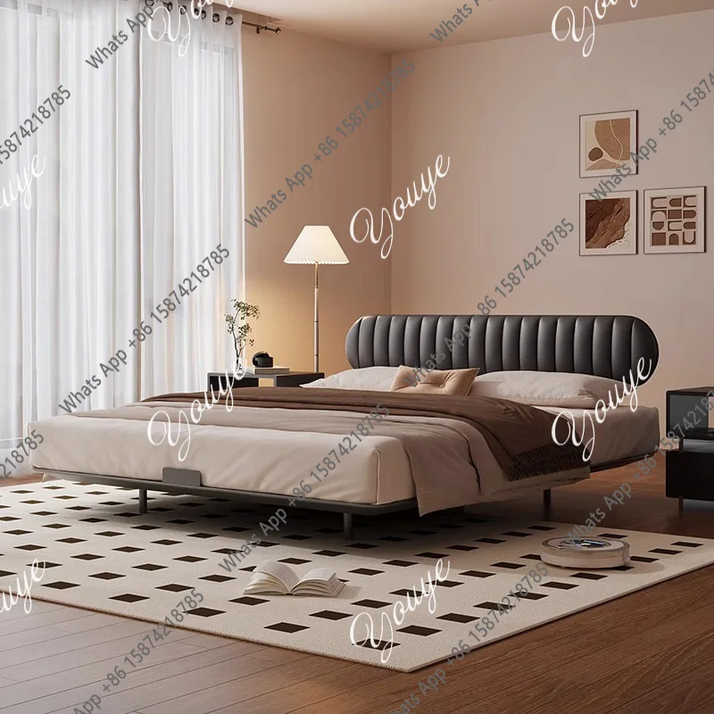 J Ultra-thin Bedside Carbon Steel Suspension Bed, Modern Minimalist Bed, Black Light Luxury Leather Bed, Bread Bed
