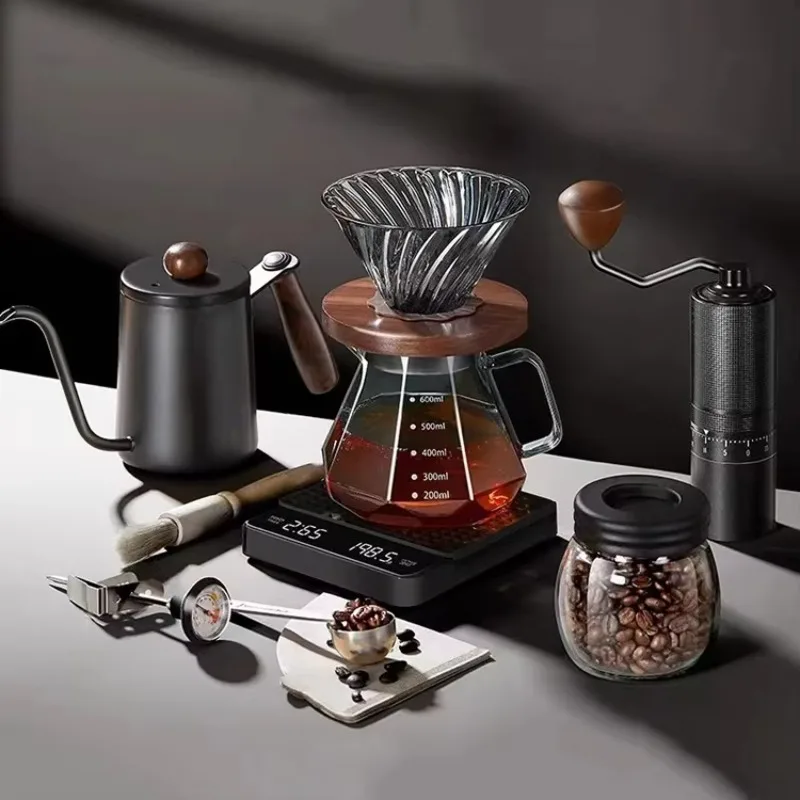 10pcs Travel Coffee Set Manual Coffee Grinder Filter Cup Sharing Pot and Pour Over Coffee Kettle Tools with Gift Box Tea Party