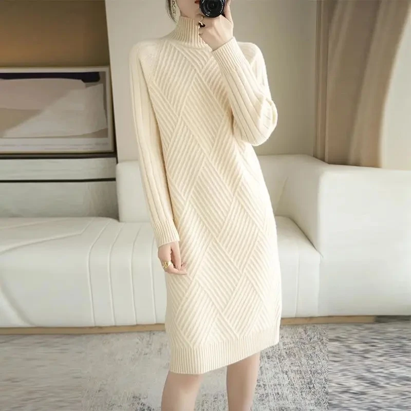 Autumn Winter Warm Knitted Turtleneck Sweater Dress Straight Women Elegant Midi Dresses Korean Long Sleeve Bottoming Vestidos