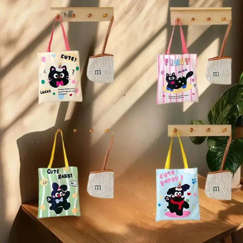 Ins estilo tutorial saco bonito bolinhas gato estudante saco de lona feminino tutorial saco simples bolsa de ombro portátil