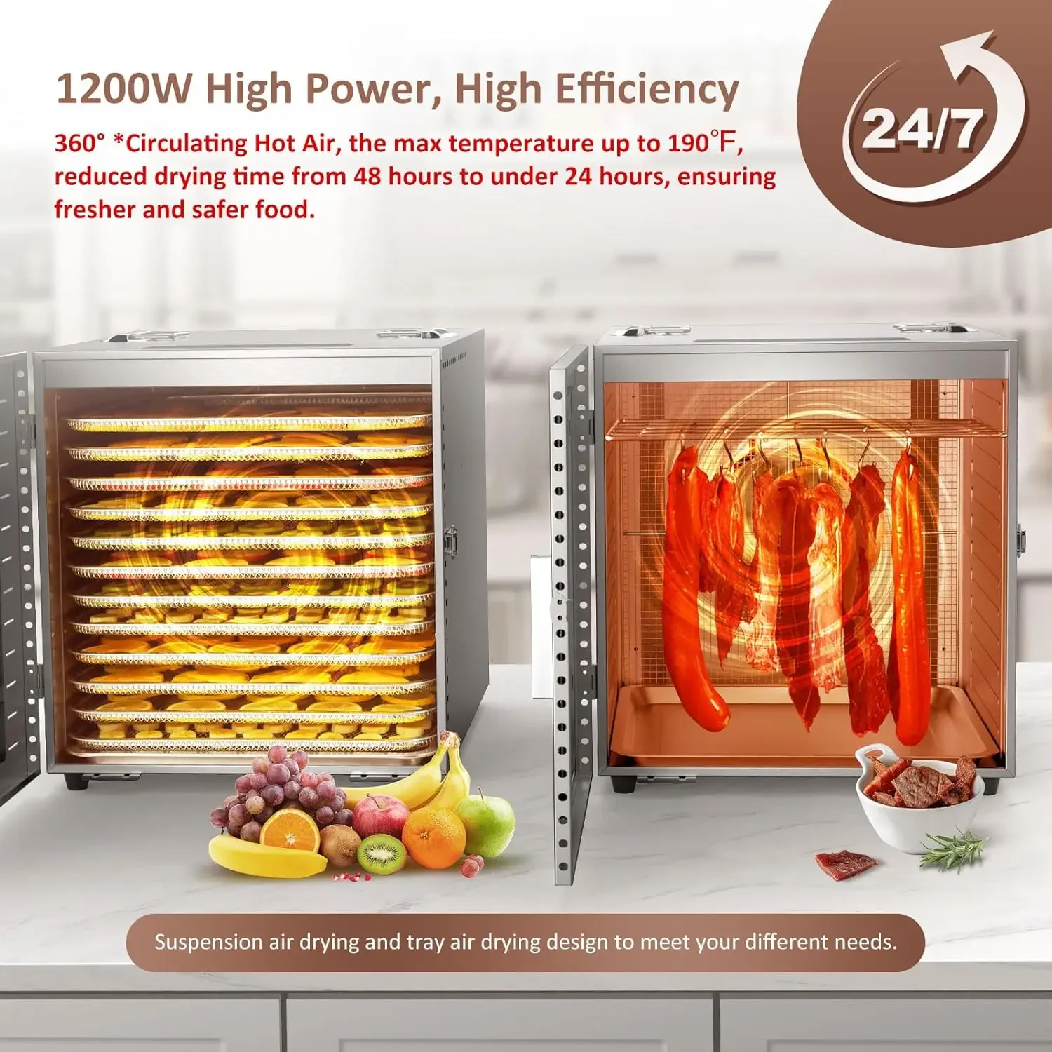 12 Trays Food Dehydrator, Usable Area up to 22.67ft², 1200W Full Stainless Steel Dryer Machine, up to 190℉ Temperature, for Meat