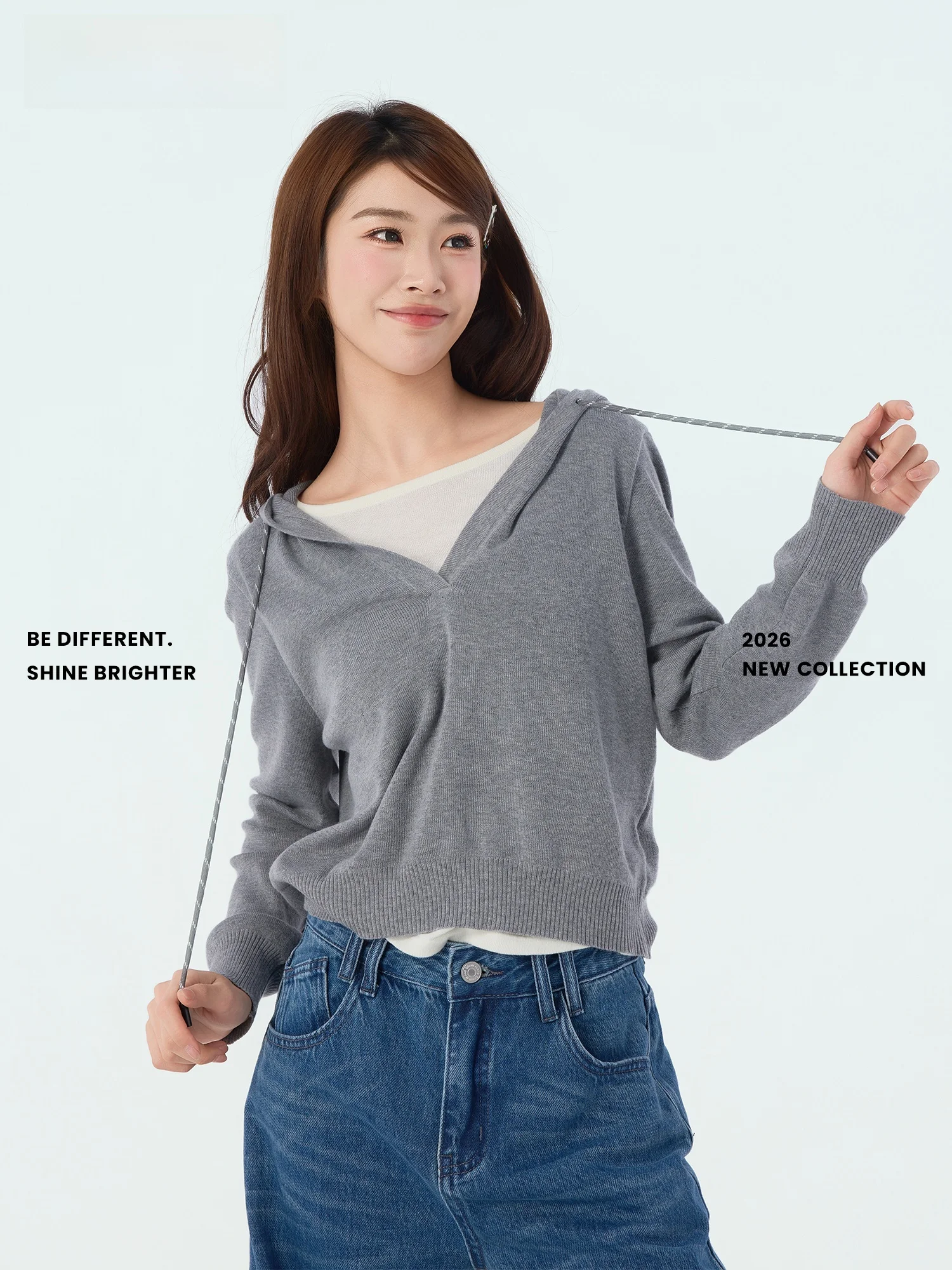 

Didimax Spring New Light ey Hooded Fake Two-Piece Top Women Loose ort Soft Knitted C2764 Long Sve Crew Ne Sweater