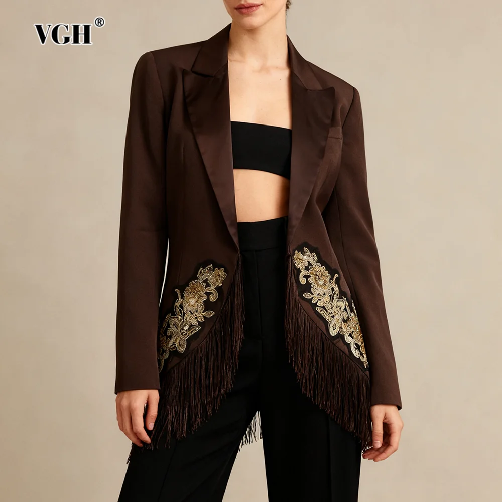 

VGH винтажный роскошный лоскутный блейзер с кисточками для женщин с зубчатым воротником и длинными рукавами, утягивающее пальто с вышивкой для ужина, женское новое пальто