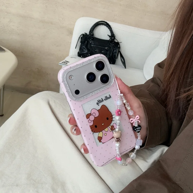 

Luxury Love Cute cartoon Hello Kitty Cat Sparkling KT Phone Case For iPhone 17 Pro 14 15 13 16 Pro Max Y2K Kitty Wrist Strap﻿﻿