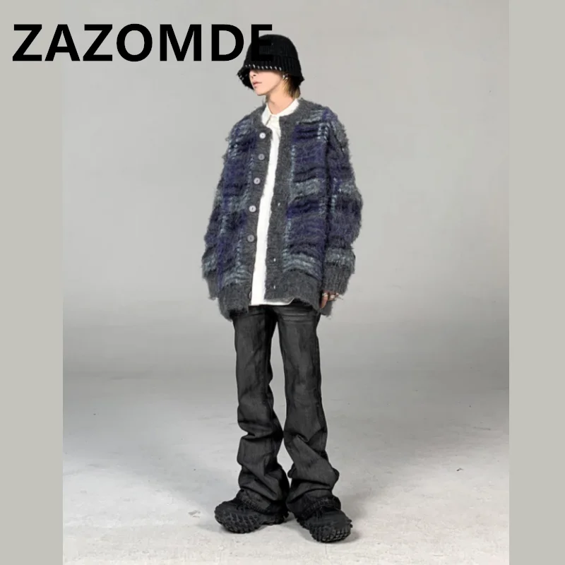 ZAZOMDE Wihter-cárdigan verde a rayas Vintage para hombre, jersey de gran tamaño con botones, Harajuku, Top de punto holgado de Hip Hop