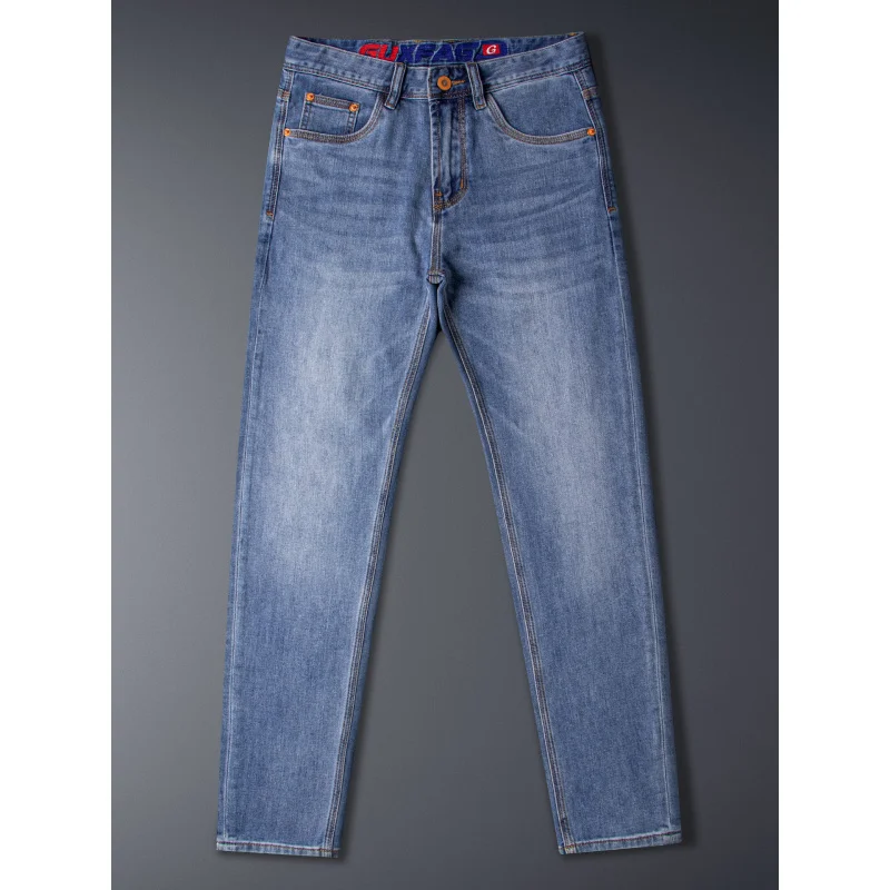 Celana jeans pria minimalis klasik, modis musim panas, ukuran kecil, elastis, celana cropped mewah ringan kelas atas
