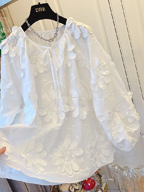 

plus Size Women's Shirt Floral Embroidery Lace Doll Loose Top Summer Casual Polyester Fiber Long Sleeve round Neck Thin Type