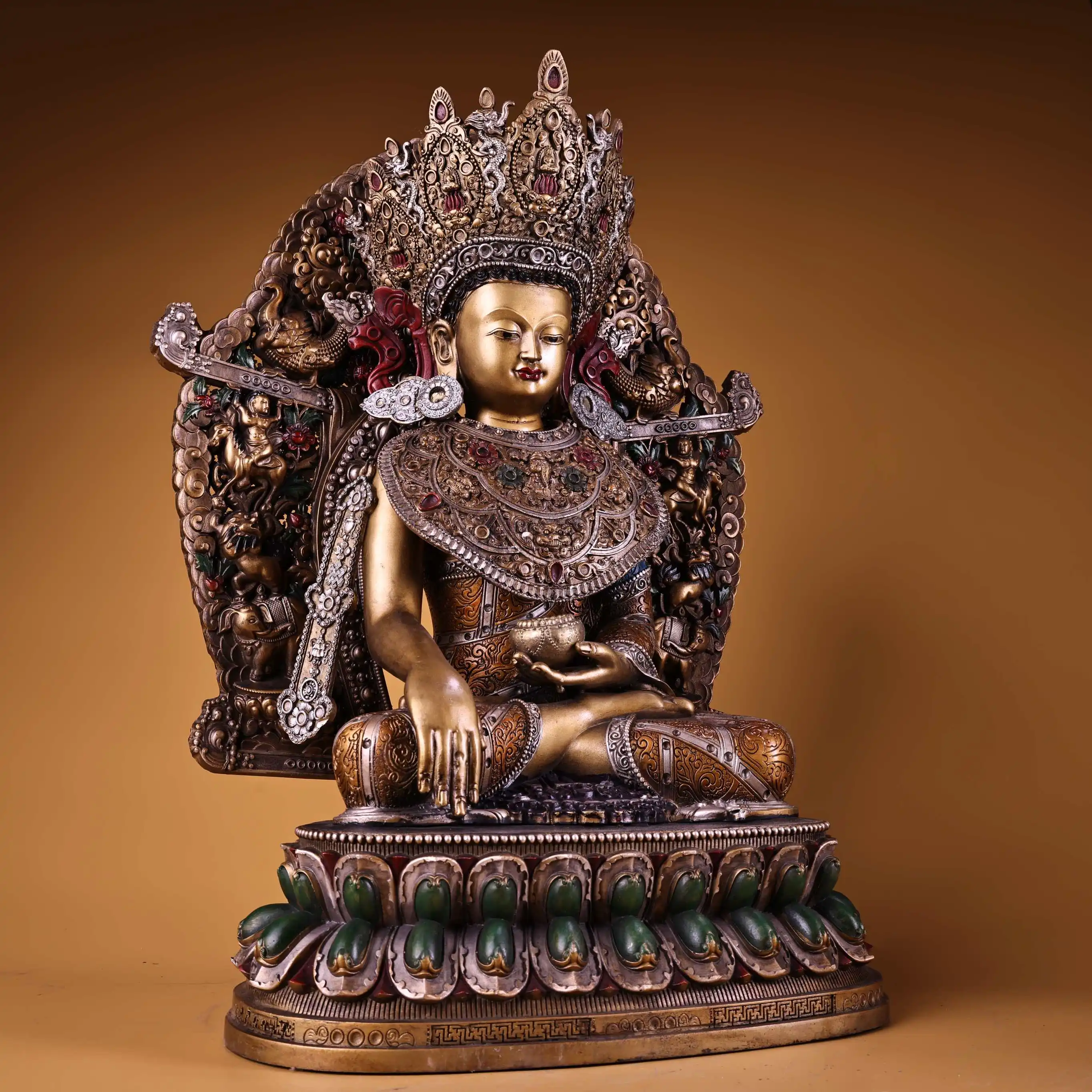 Collection de temple tibétain de 14 pouces, vieux Bronze doré peint, éveil en Relief élevé, bouddha Maitreya, rétro-éclairage, salle de culte