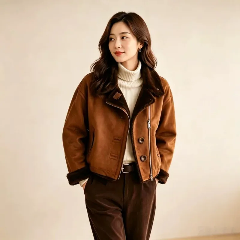 2026 Faux Suede Short Coat Women's Double-faced Fur Jacket Winter Fleece Thicken Outerwear Lapel Zip-up Tops Streetwear Coats