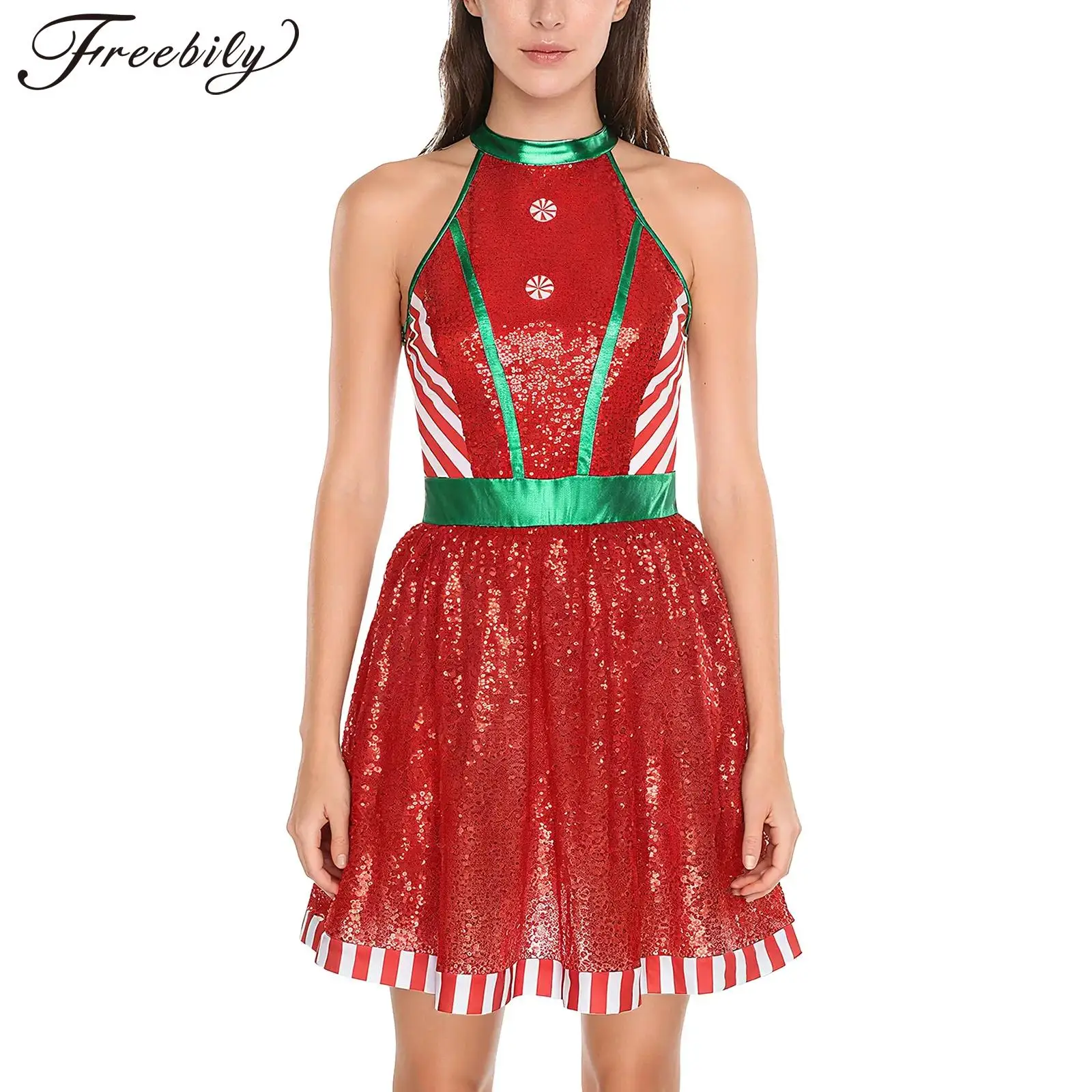 Vestido de Navidad para mujer, vestido de lentejuelas brillantes con botón de bastón de caramelo, vestido de baile de Ballet, disfraz de elfo de Navidad