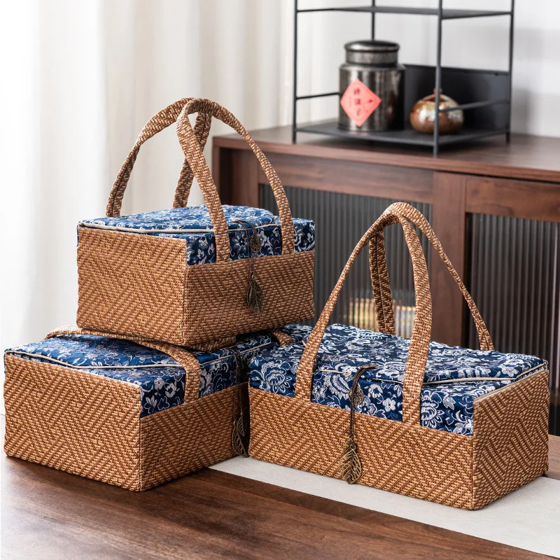 Tea set storage bag canvas travel portable tea ceremony thick handle outdoor camping large capacity rattan fabric bag