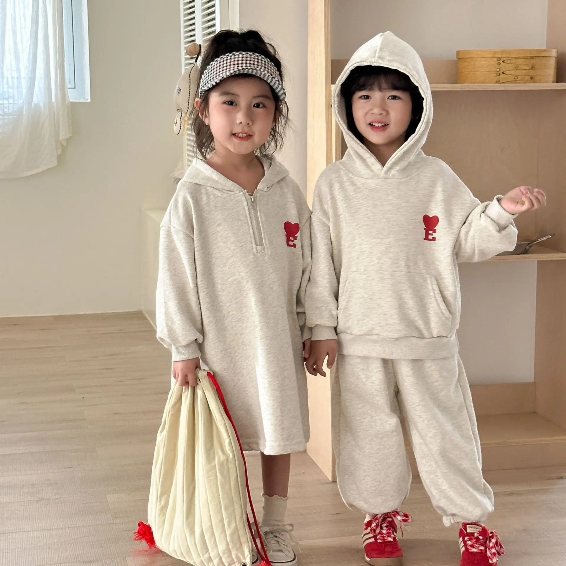 2025 Spring Children Sibling Look Set Cotton Hoodies Solid Pants Suit 1-10 Years Boys Outfits Simple Casual Kids Girls Dress