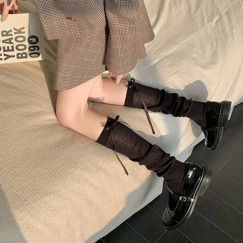 1/2pairs Lolita Mid Length Socks Women Comfortable Breathable Knee-socks Lace Bow Casual Soft Solid Simple Vertical Stripe Socks image 5