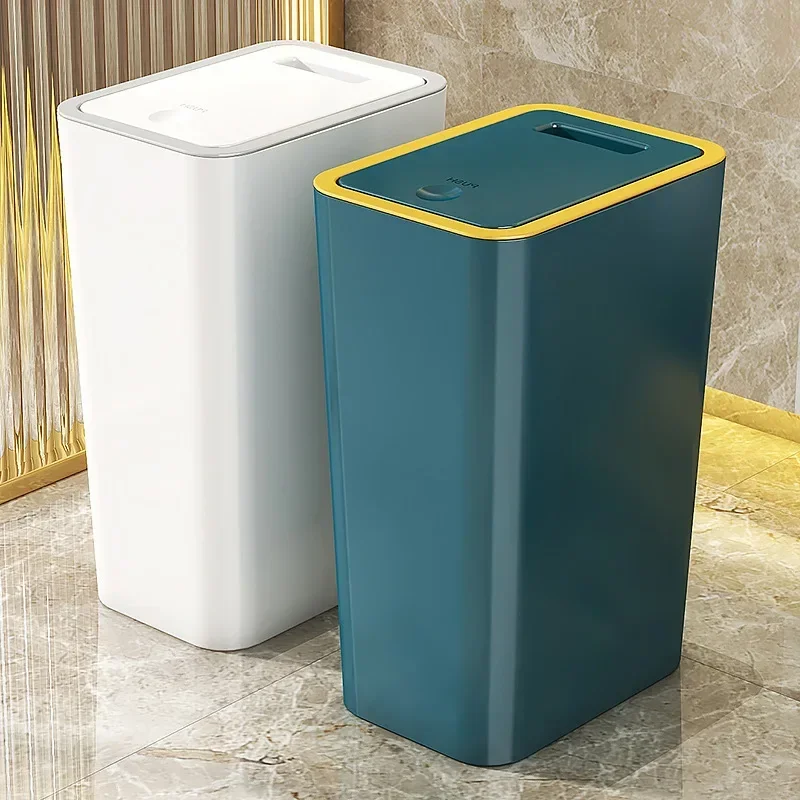 1pc High End Feeling Light Luxury Household Trash Can with Lid Toilet Kitchen Bathroom Large Size Press Narrow Seam Trash Can
