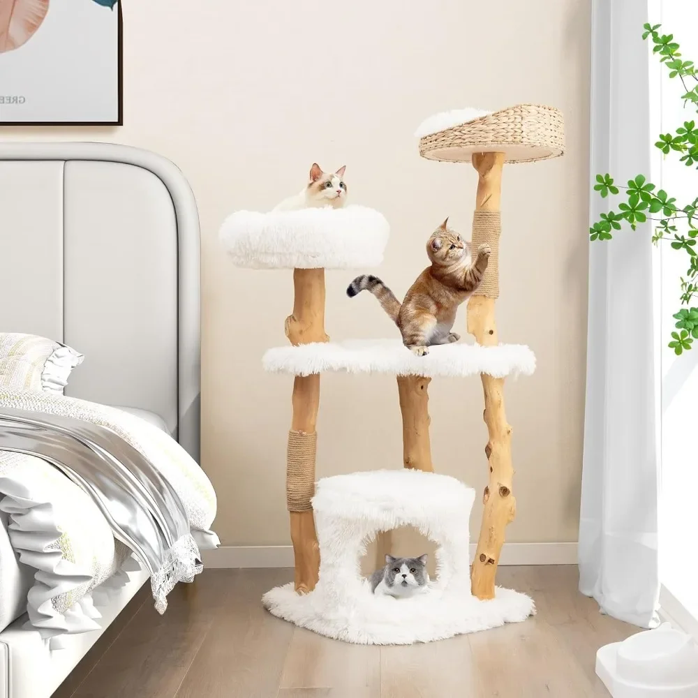 Cat Tree for Indoor, Solid Wood Modern with Top Cattail Basket Cat Bed, Side Perch