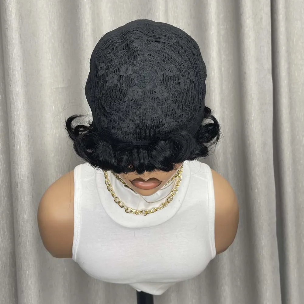 흑인 여성용 픽시컷 가발, 앞머리 있는 짧은 레이어드 가발, 자연스러운 검정색 인모 기계식 가발, 데일리용