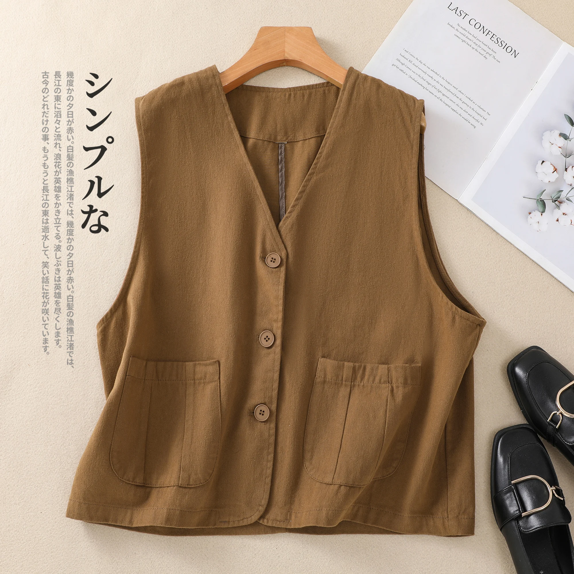 

Women's Summer Sleeveless Cotton Jackets Vintage V-neck Pocketed Beige Black Khaki Coffee Vest Elegant Ladies Waistcoat Top