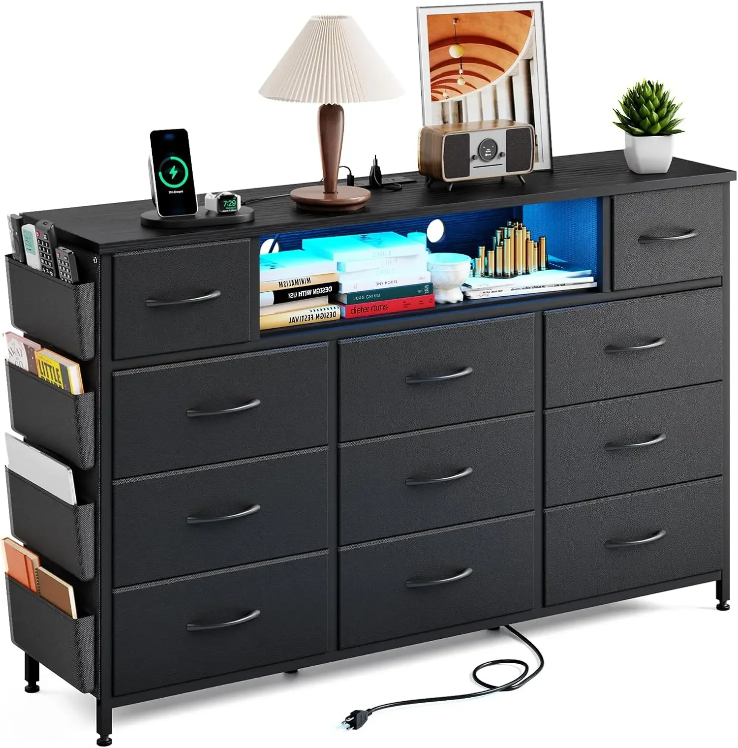 Black Dresser for Bedroom with Power Outlets and LED Lights 11 Drawers Dresser with Side Pocket for Kids Bedroom, Fabric