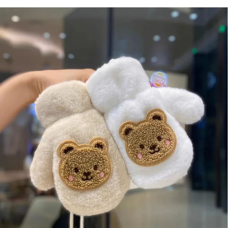 

Baby Gloves Winter Thicken Warm Cute Cartoon Bear Baby Boys Girls 3 Color Mittens Faux Fur Toddler Kids Fingerless Gloves