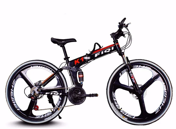 FIQI, 26-inch folding mountain bike, 21-speed black bike with high carbon steel, dual disc brakes non-slip express release