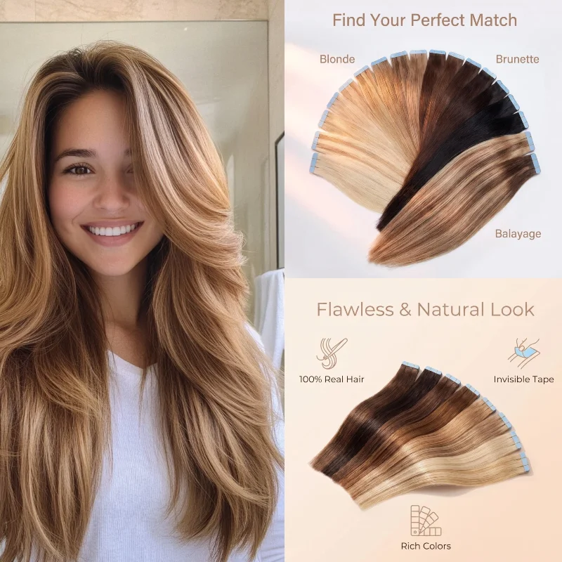 Human Remy Hair Tape In Wig 20pcs 24inch Body Wave #60 P8-613 Boost Hair Length & Volume Daily Natural Wholesale Dropship