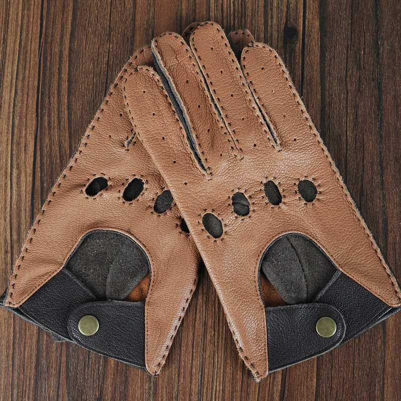 Real Leather Gloves Male Casual Breathable Spring Summer High Quality Men Driving Sheepskin Gloves Two Tones Color TB15-5