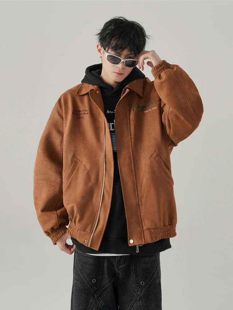 

Jacket Turn-down Collar Coat Men's Pure Color American Suede Spring and Autumn Trendy Loose Letter Embroidery Fashionable Casual