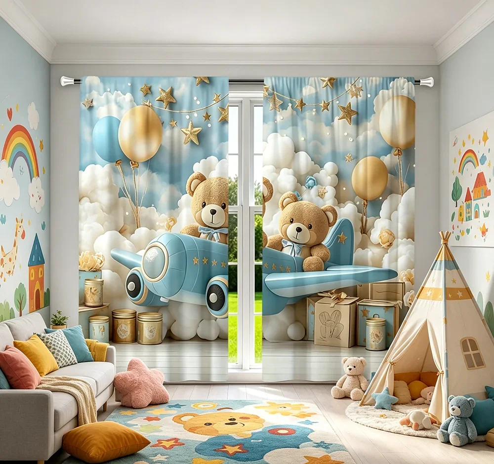 2PCS Digital Printed Curtains, Flying Bear Cartoon Cute Kids Animal, Rod Pocket Window Drapes for Living Room Bedroom Decor