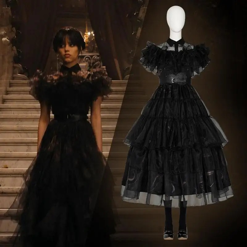 Addams-vestido de Cosplay para mujer adulta, traje negro para fiesta de carnaval, Halloween