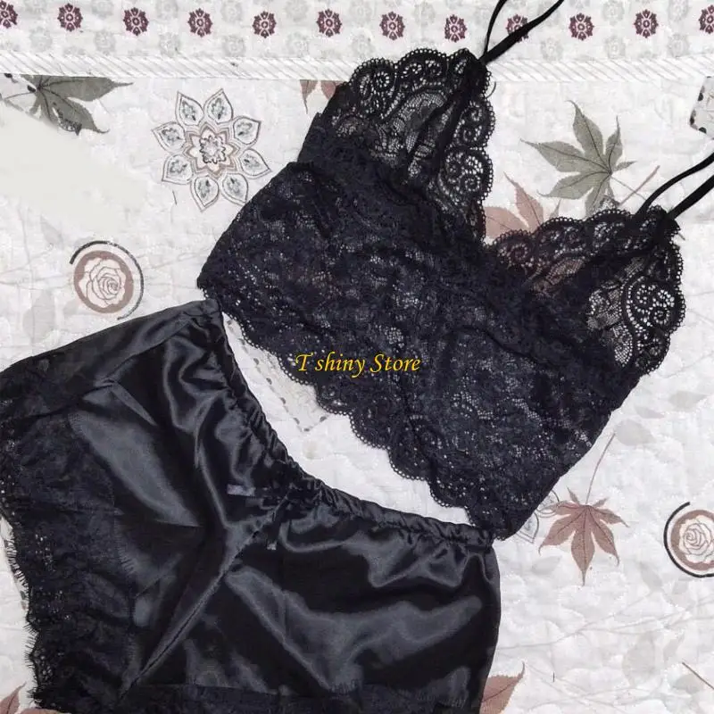 N58F Women's Pajamas Set Sleepwear Lace Cami Crop Top and Satins Shorts Set