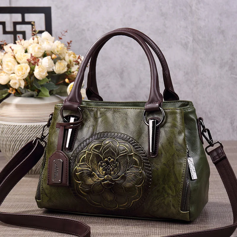

2026 New Fashion Women's Boston Handbag, New Chinese Style Retro Embossed Hand-Painted Crossbody Bag for Women