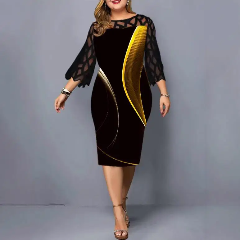 

plus Size Lace Patchwork Nine Quarter Sve Dr Busin Outdoor Leather Fabric Side Zipper round Ne Bodycon Skirt