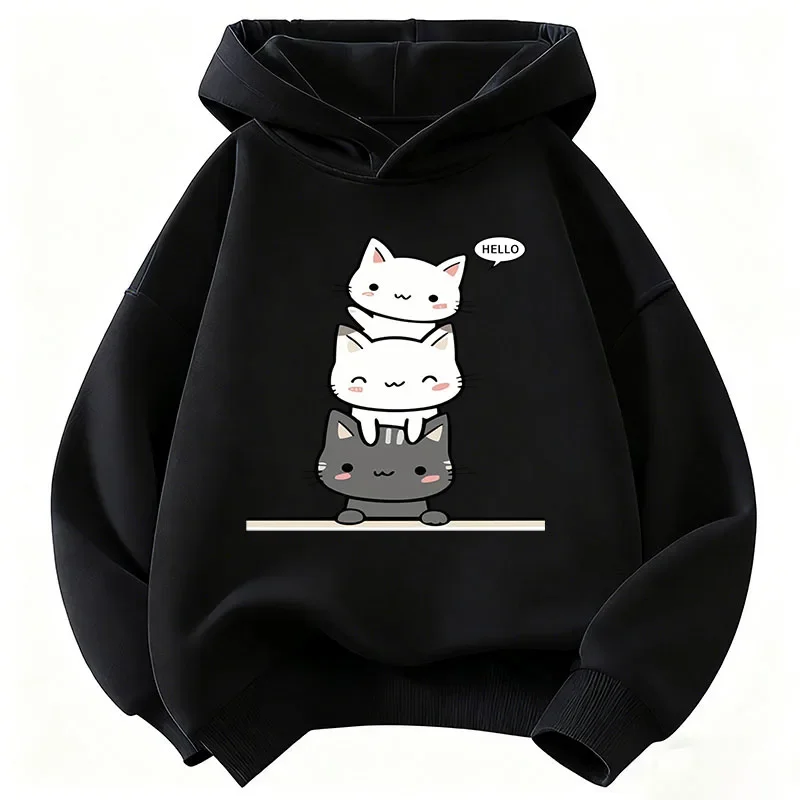 Katzen-Hoodie, süß, Kawaii, gestapelte Katzen, Hello Cartoon, minimalistisch, ästhetisch, Oversized, lässig, Sport-Sweatshirts für Kinder – Detail 5