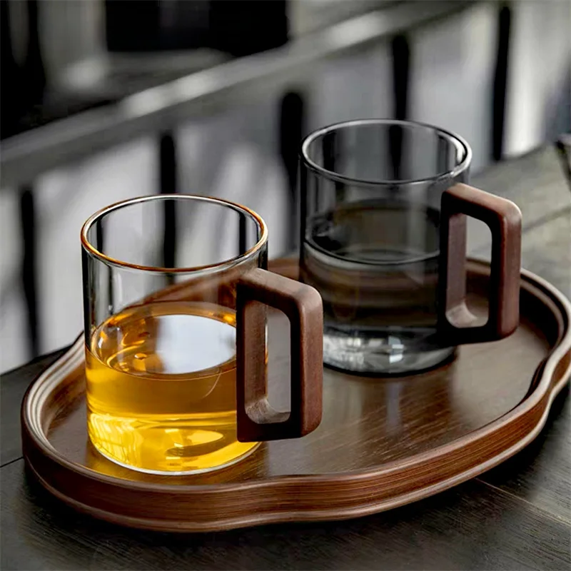 400ml Heat-resistant Glass Cups with Walnut Handle Household Flower Tea Mug Tea Making Cup Milk Water Cup Office Drinking