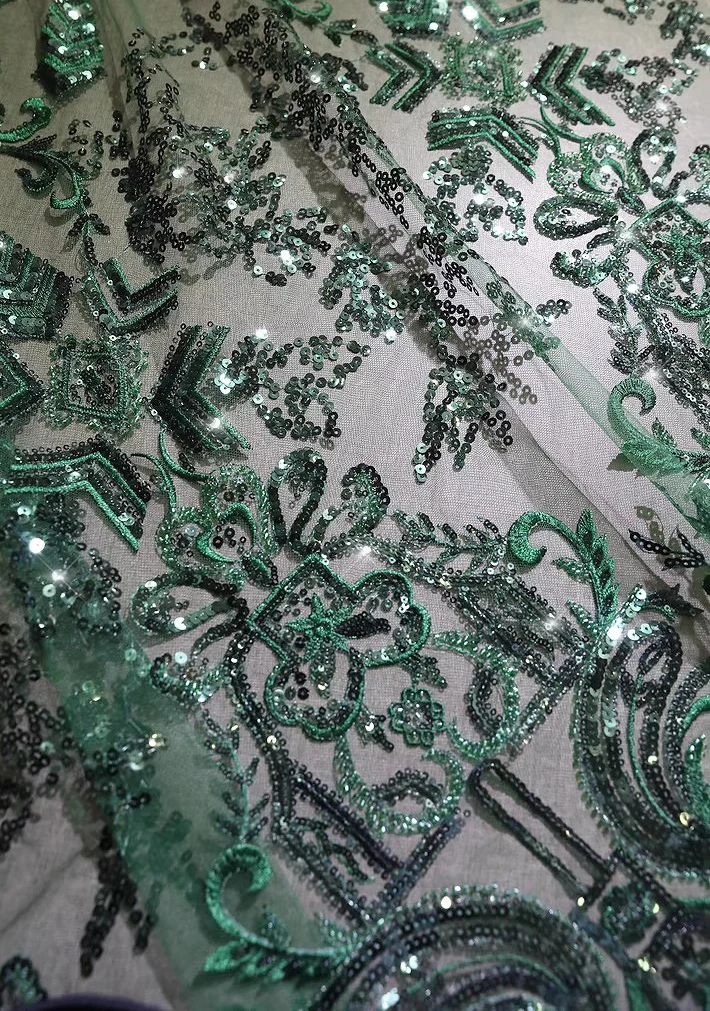1yard New soft mesh fabric Dark green sequin embroidery telas Wedding Dress cheongsam fabrics for clothing