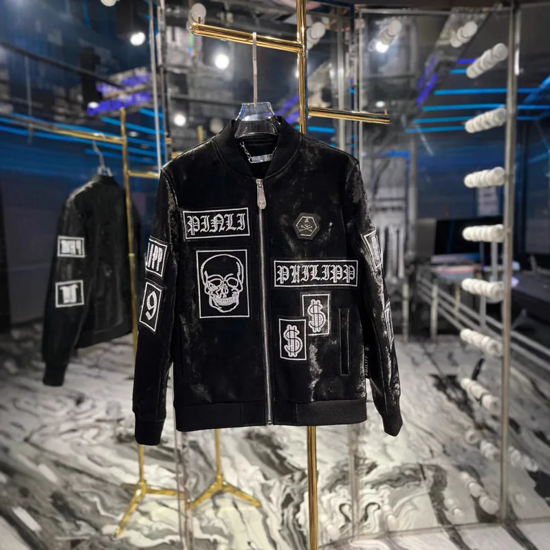 Fashion Rhinestones Skulls PU Jackets Men Coats Black Stand Collar Zipper Motorcycle Faux Leather Coats Jaqueta Motociclista