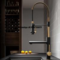 Luxury Design High Arc Deck Mounted 304 Stainless Steel Black&Gold Pull Out Sprayer UPC Big Kitchen Faucet Two Lever
