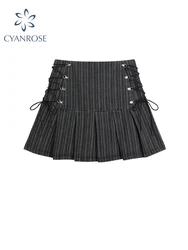 Mini jupe plissée à rayures grises pour femmes, taille haute, bandage, ligne A, vintage, Harajuku Streetwar, sexy, nouveau, été, Y2K, 2022