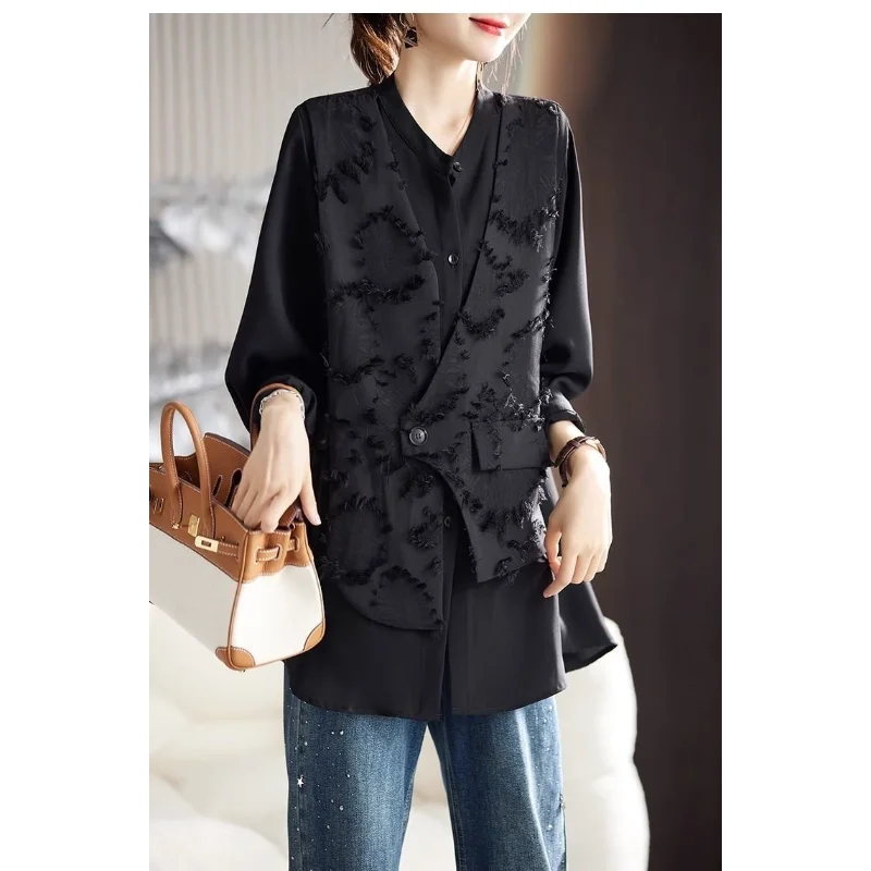 

Женский черный текстурированный жилет с асимметричным дизайном и пушистой отделкой, повседневный многослойный жилет-безрукавка