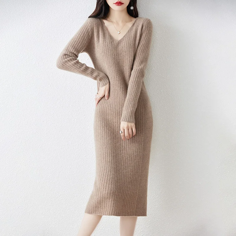 Autumn And Winter New V-Neck Pullover Pure Wool Knitted Sweater Skirt In Long Female Solid Color Gentle And Elegant Temperament