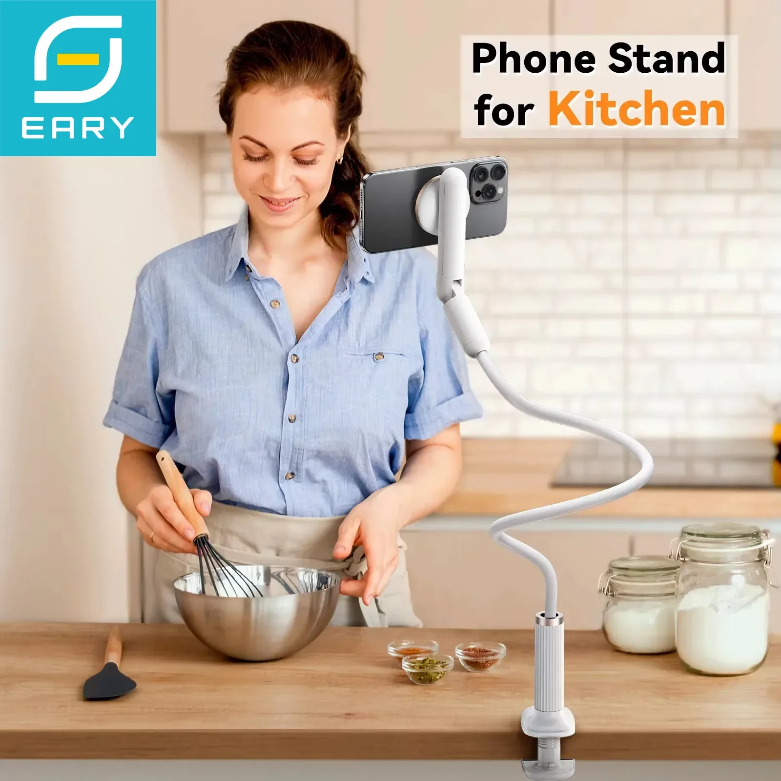 

Eary Gooseneck Phone Stand Holder For Bed Kitchen Magnetic Kickstand Adjustable Long Arm Flexible Lazy Bracket For 4-7In Devices